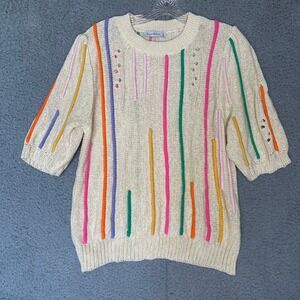 See and Be Seen Cream Multicolor Striped Short Sleeve Knit Sweater Large